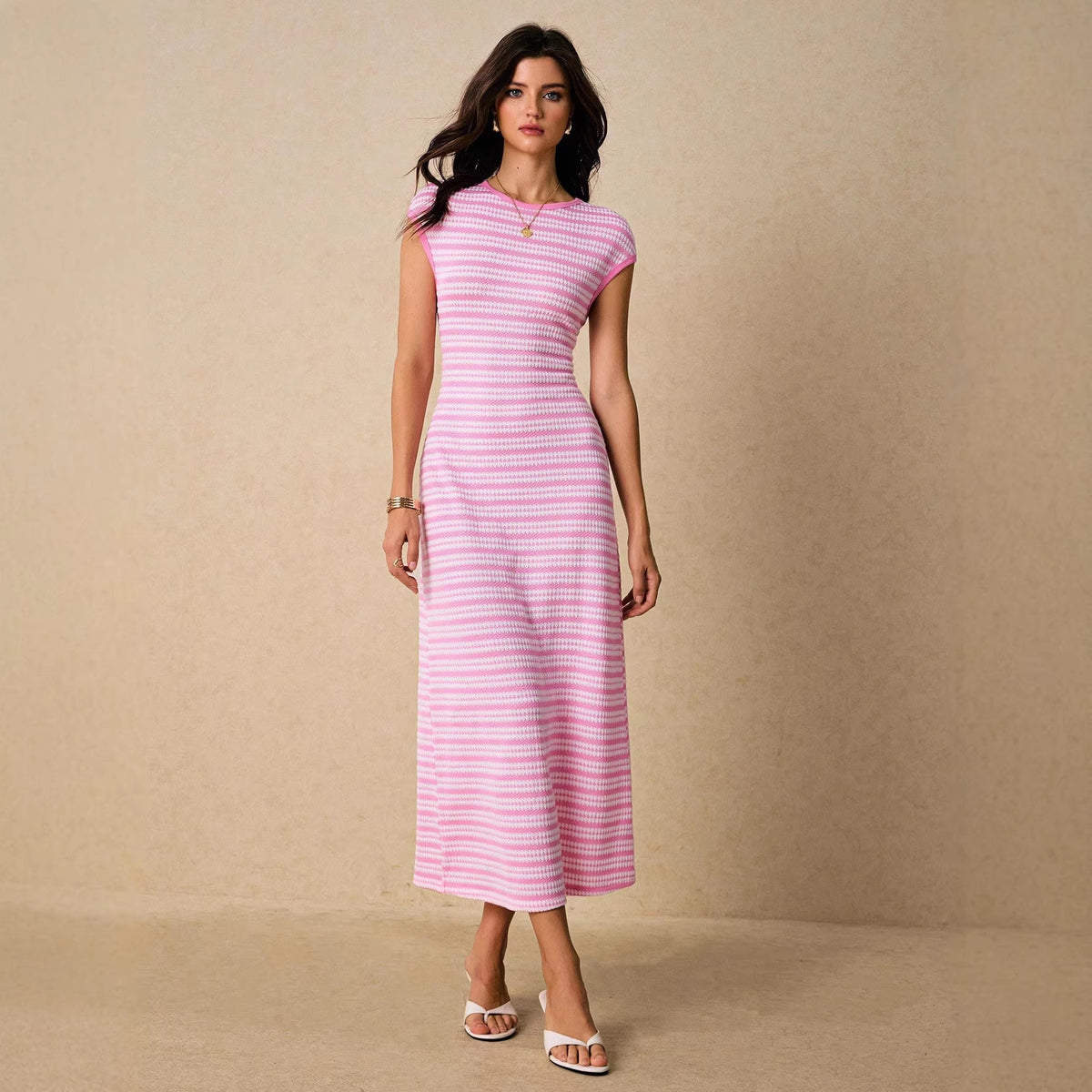Women's Striped Knitted Midi With Shoulder Sleeves Slim Fit Dress