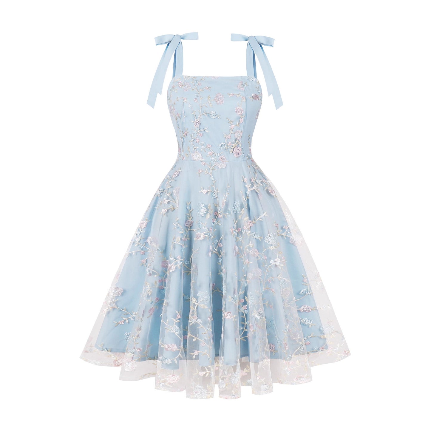 Women's Embroidered High Waist Hepburn Style Retro Spaghetti Dresses