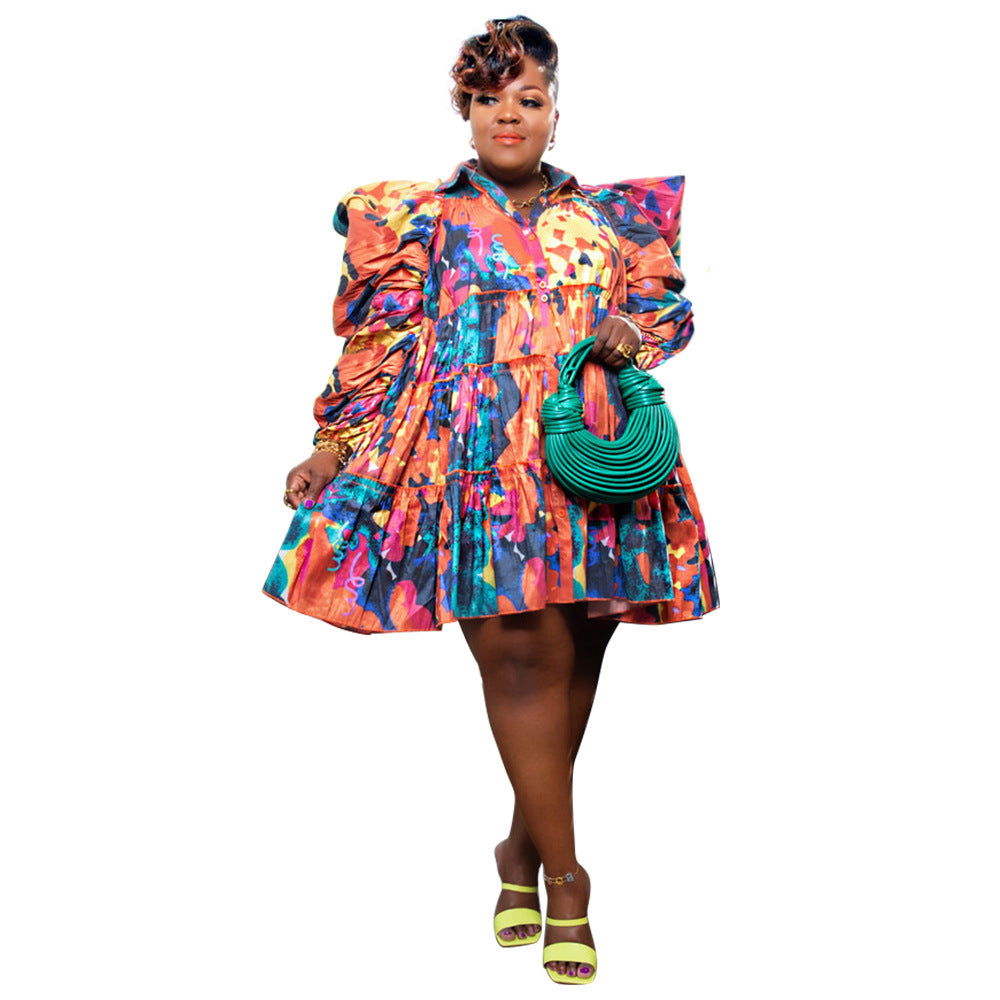Women's Fashion Printed Ruffled Button Dress Shirt Dresses