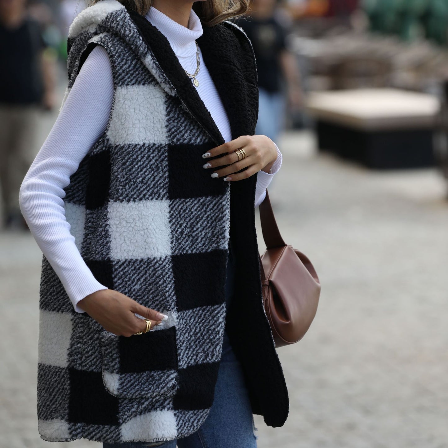Women's Veet Casual Mid-length Hooded Sleeveless Plaid Coats
