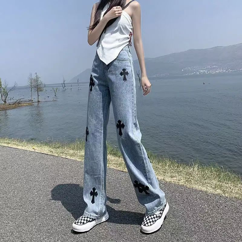 Women's High Waist Straight Slimming Fashion Cross Jeans