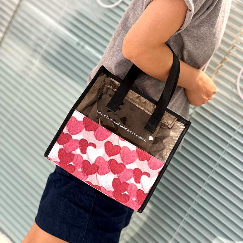 Zipper Translucent Love Peach Heart Flocking Large Capacity Portable Handbags