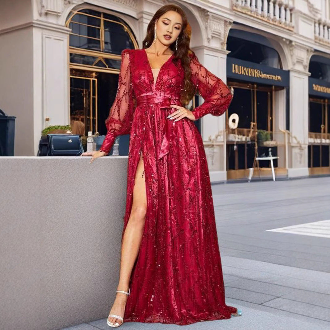 Women's Autumn Mesh Sequins Swing Banquet Long Dresses