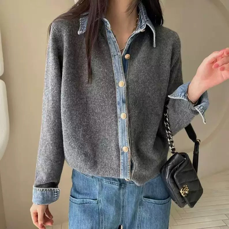 Denim Stitching Fake Two Pieces Female Sweaters