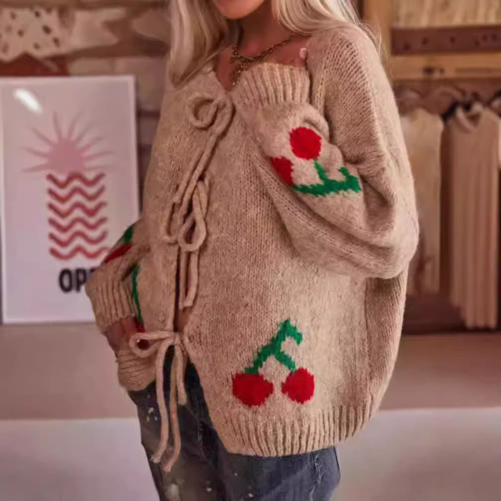Women's Solid Color Cherry Jacquard Knitted Sweaters