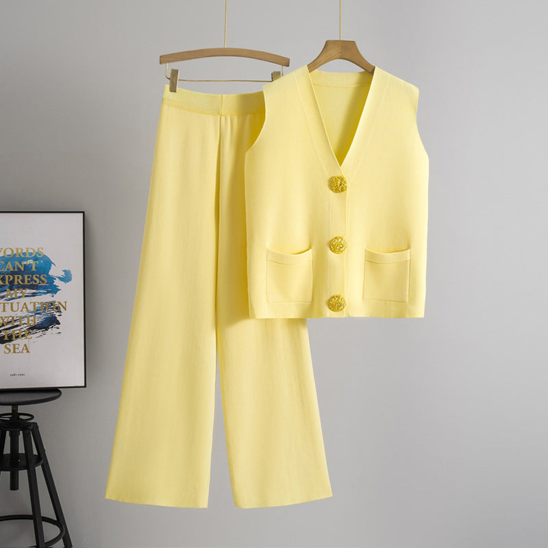 Women's Sleeveless Large Button Straight Wide Leg Two-piece Sweaters