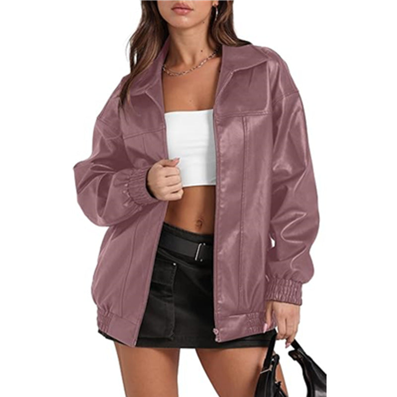 Women's Leather Long Sleeve Lapel Zipper Side Pocket Jackets