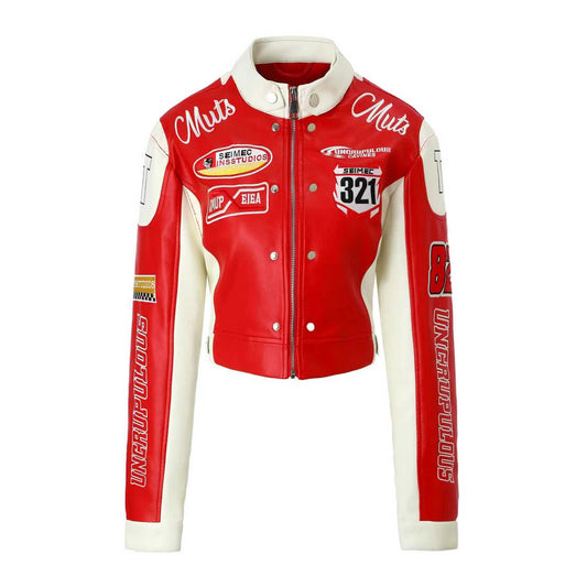 Women's Leather Stand Collar Color Contrast Patchwork Imitation Racing Jackets