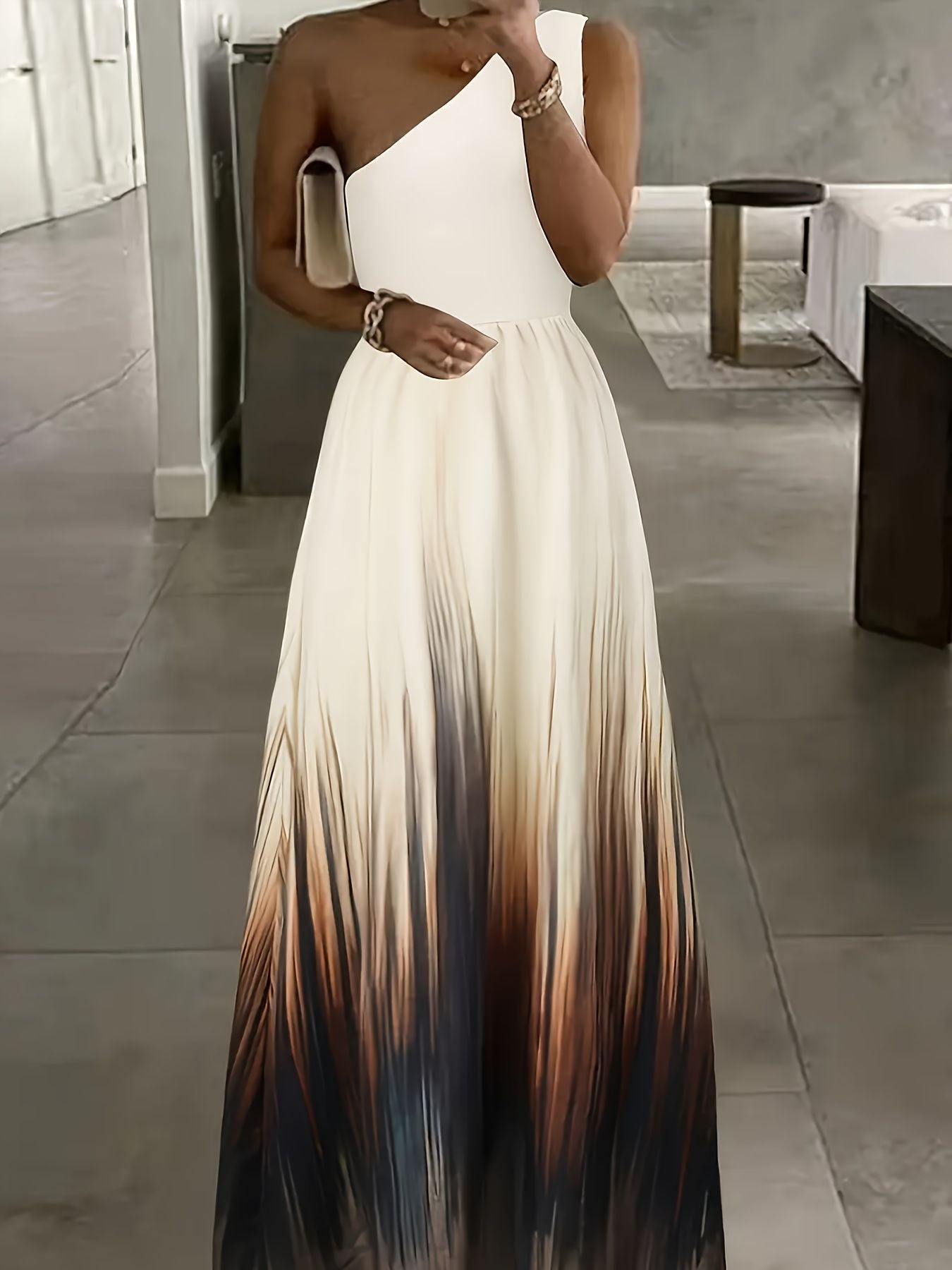 Fashion Gradient Color Sleeveless Slant Shoulder Sexy Party Dress