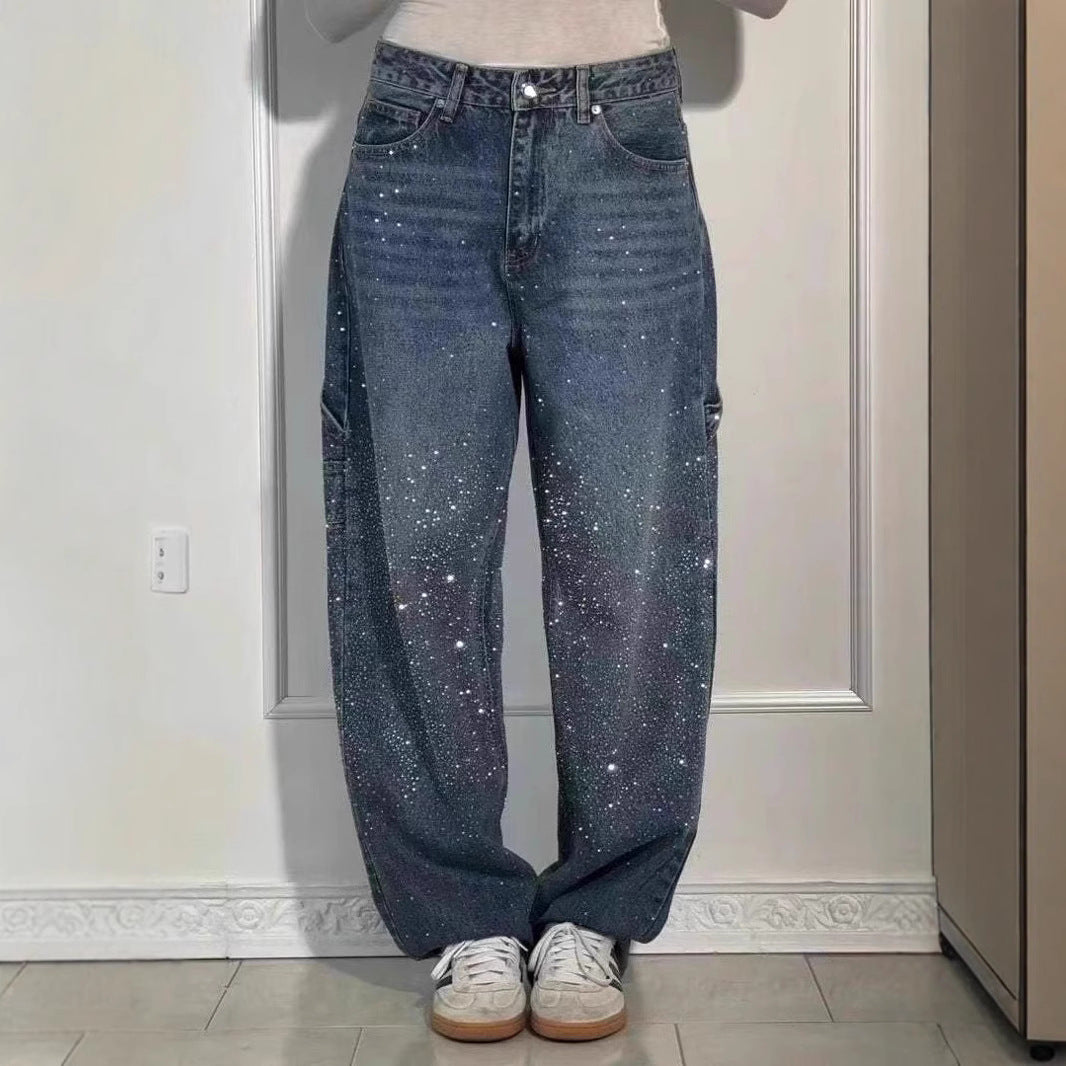 Women's American Street Style Rhinestone Straight Jeans