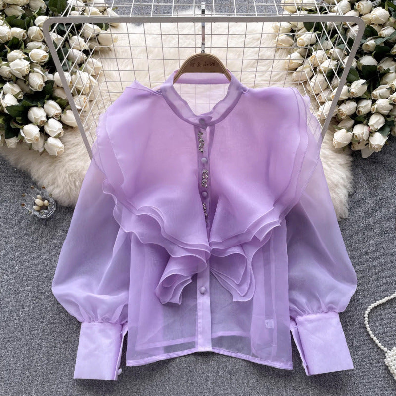 Women's Autumn Light Luxury Fairy Style Ruffled Long-sleeved Shirt Mesh Blouses