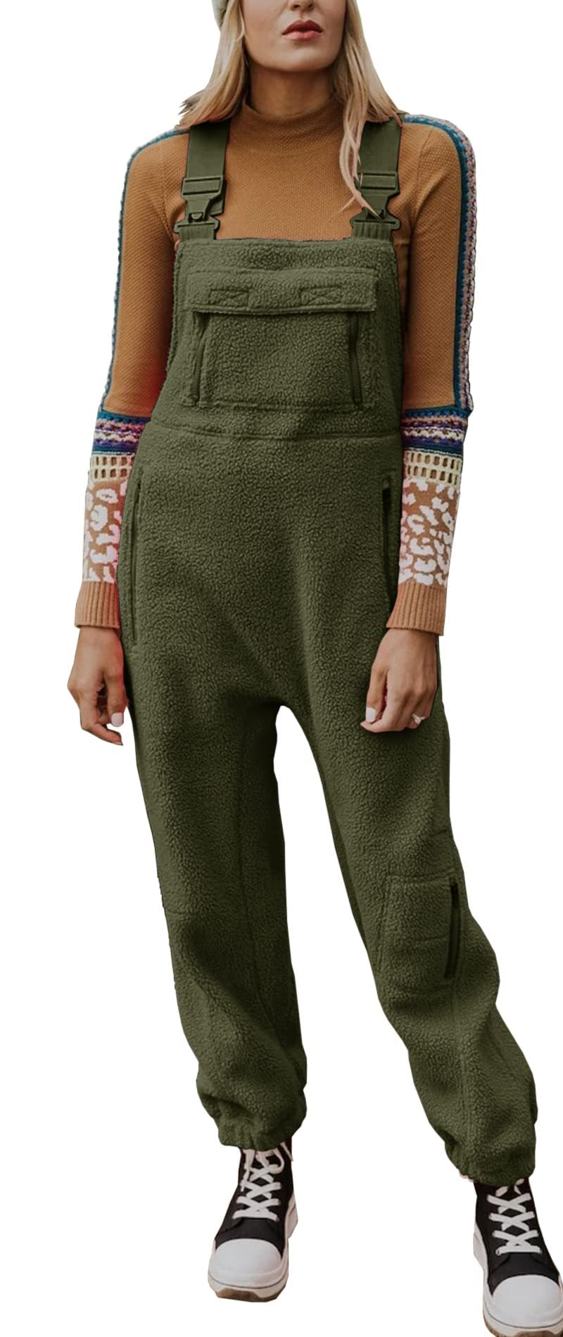 Women's Pocket Solid Color Lamb Wool Adjustable Jumpsuits