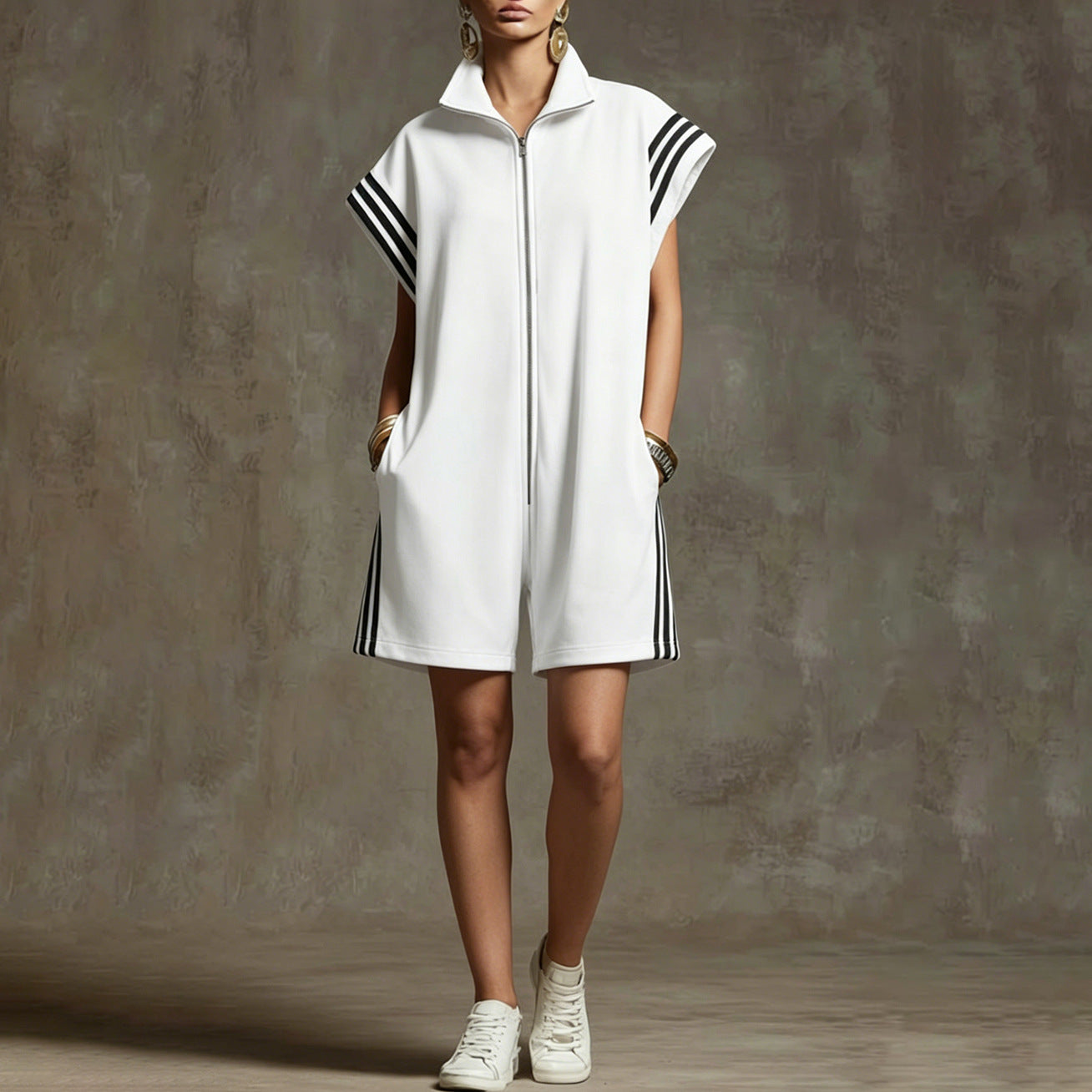 Women's Stand Collar Casual Zipper Striped Contrast Color Clothing