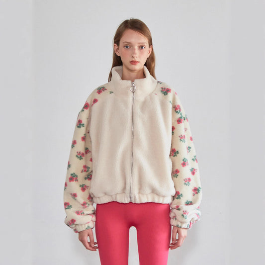 Women's Fashion Loose Polar Fleece Floral Stitching Coats