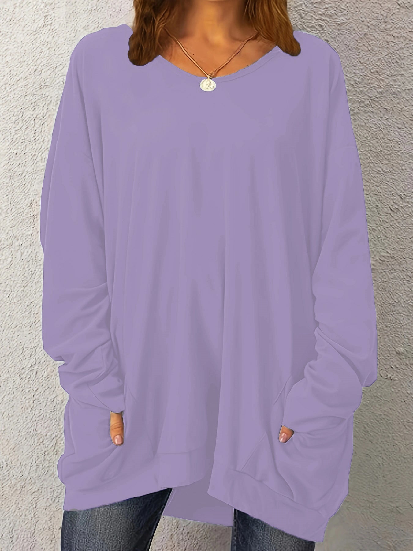 Women's Pullover Long-sleeved Double Pocket Solid Color Tops