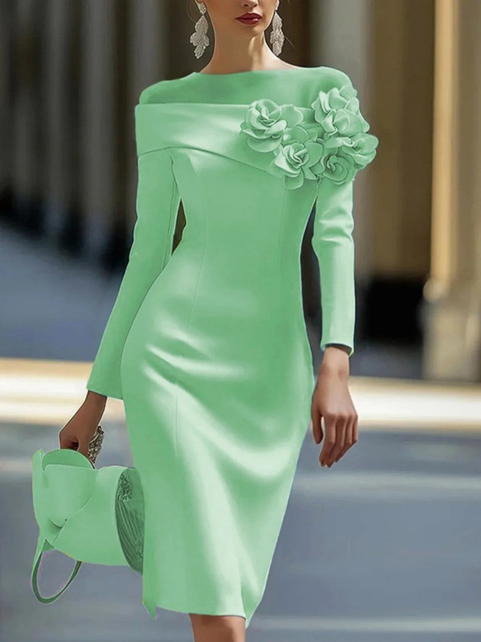 Women's Side Three-dimensional Flower Decoration Solid Color Dresses