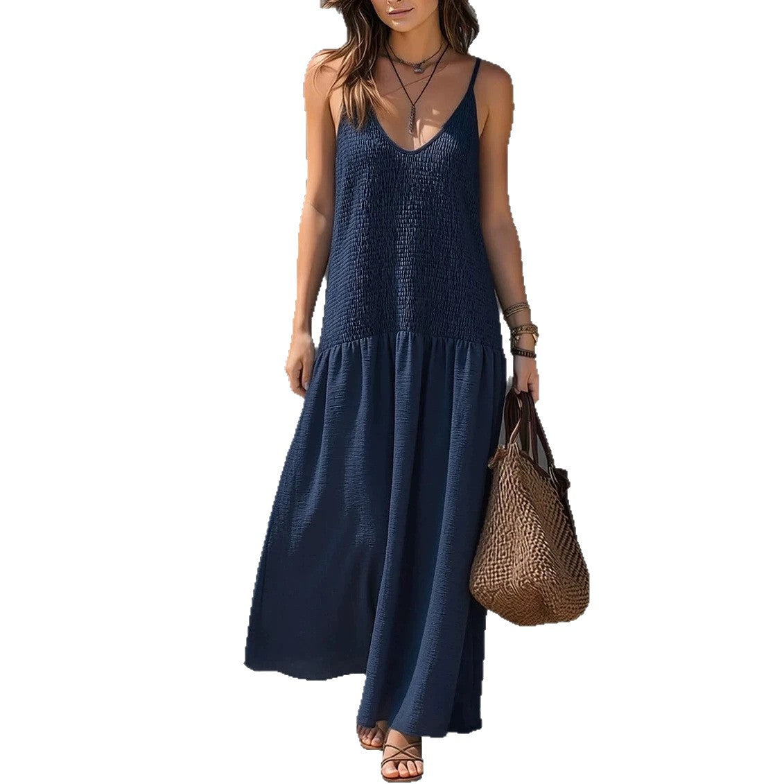 Retro Bohemian Style Backless Smocking Design Strap Long Dress