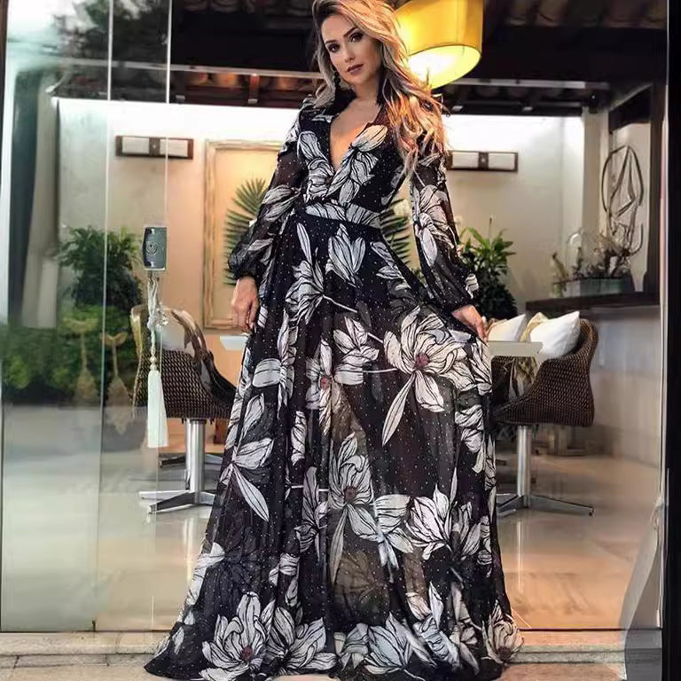 Women's Sexy Deep V Long Sleeve Printed Skirts