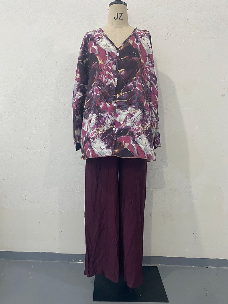 Women's Spring Fashion Printed Shirt Wide Leg Tops