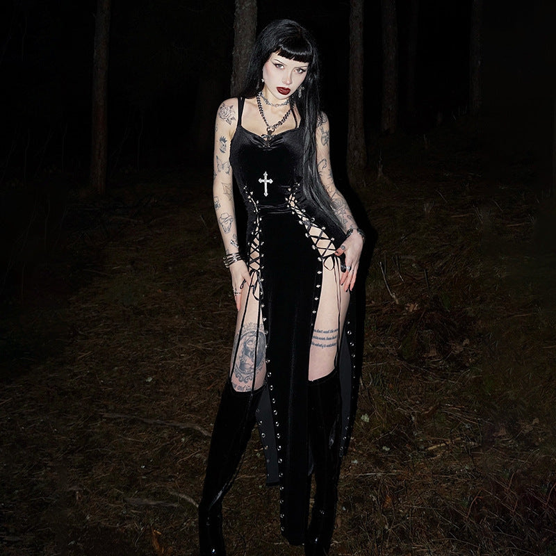 Women's Goth Style High Slit Tied Dress Dresses