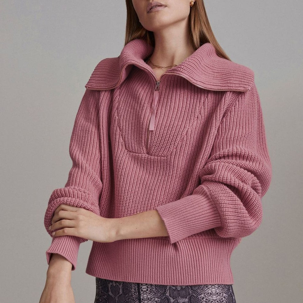 Women's Solid Color Zipper Wide Collar Fashion Sweaters