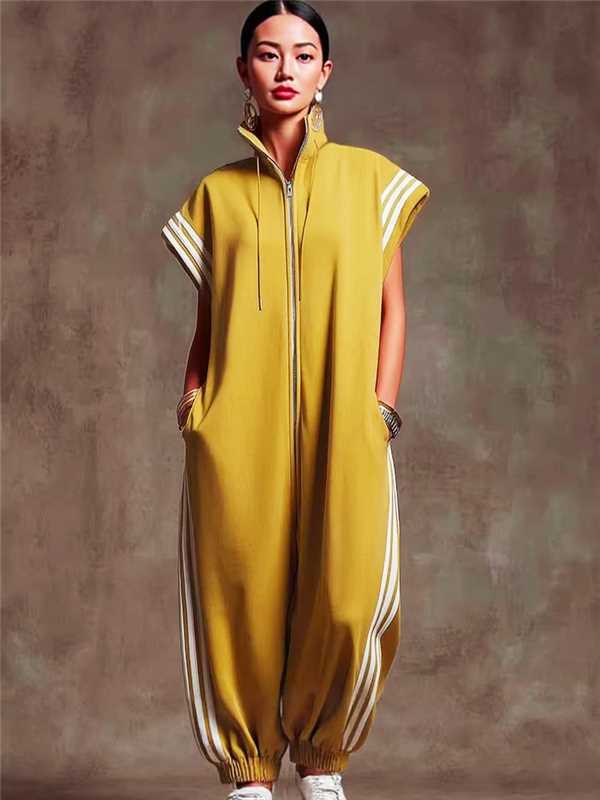 Zipped Stand Collar Striped Contrast Color Fashion Quick Women's Jumpsuit/clothing