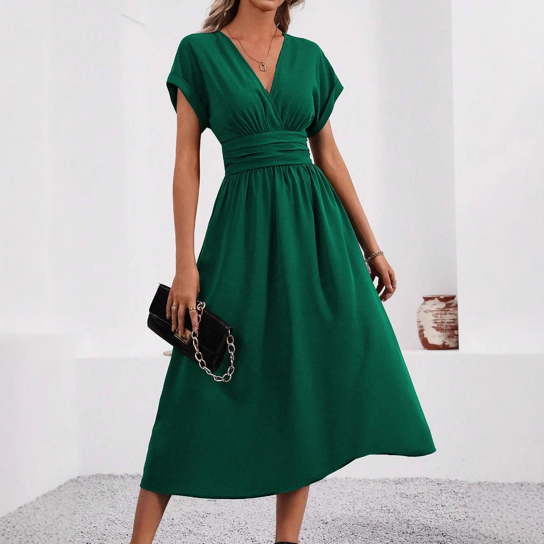 Women's Color Overlapping Batwing Sleeve Waist Pleated Long Dress
