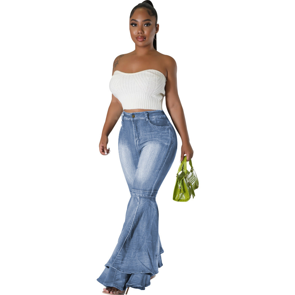 Comfortable Fashionable Washed Denim Stretch Flared Jeans