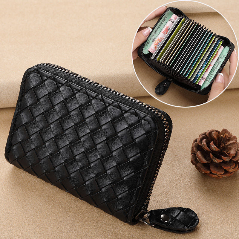 Women's Clamp Exquisite Authentic Leather Tactile Feel Woven Card Holder