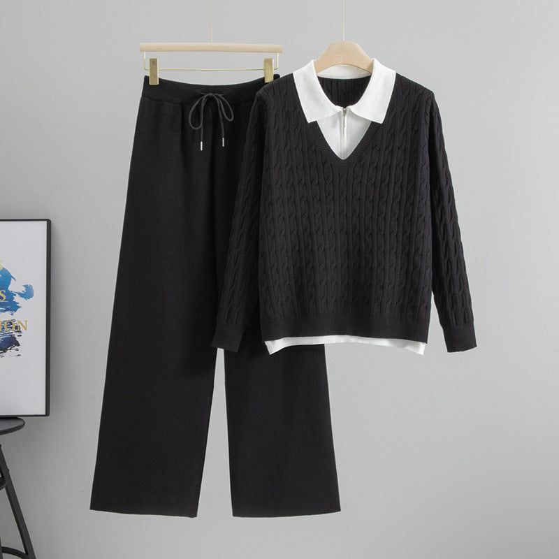 Women's Thickened Collar Fake Two-piece Knitted Matching Wide Fashion Casual Suit