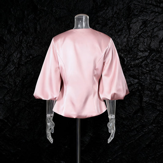 Women's Fresh Sweet Elegant Style Fashionable Metal Button Stitching Puff Blouses