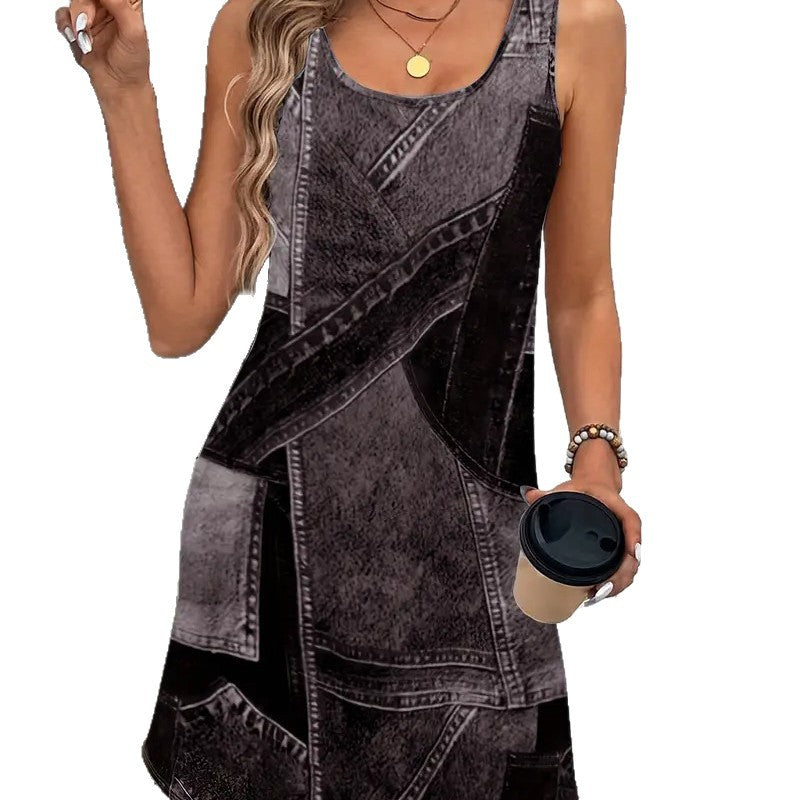 Stylish Women's Fashion Denim Printed Wear Dress