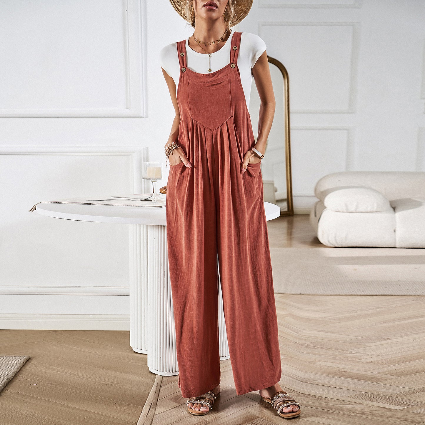 Women's Solid Color Suspender Summer Loose Wide Leg Women's Jumpsuit/clothing