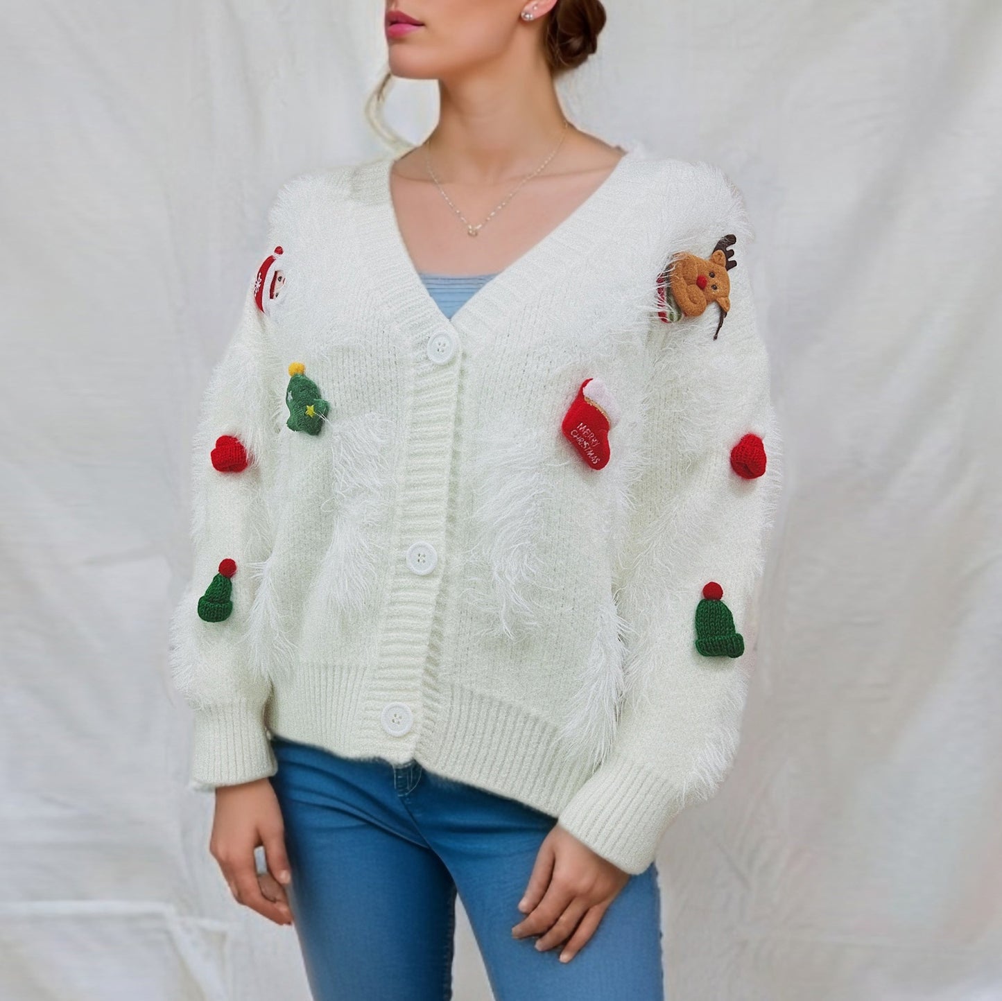 Women's Red Christmas Wool Three-dimensional Decoration Single-breasted Knitwear