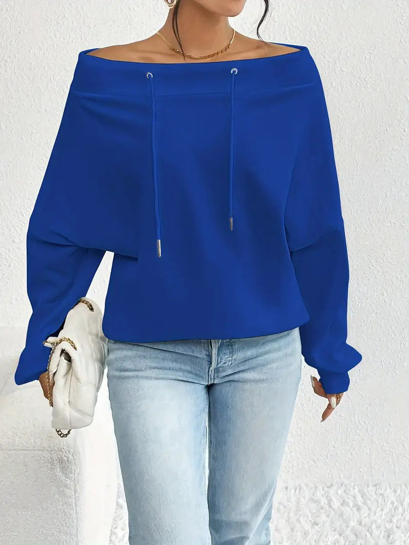 Women's Oblique Shoulder Loose Casual Drawstring Sweatshirt Women's Sweater, Sweater