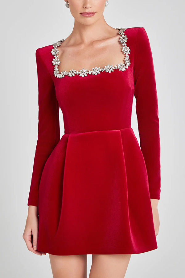 Women's Square Collar Diamond Inlaid Veet Long Dresses