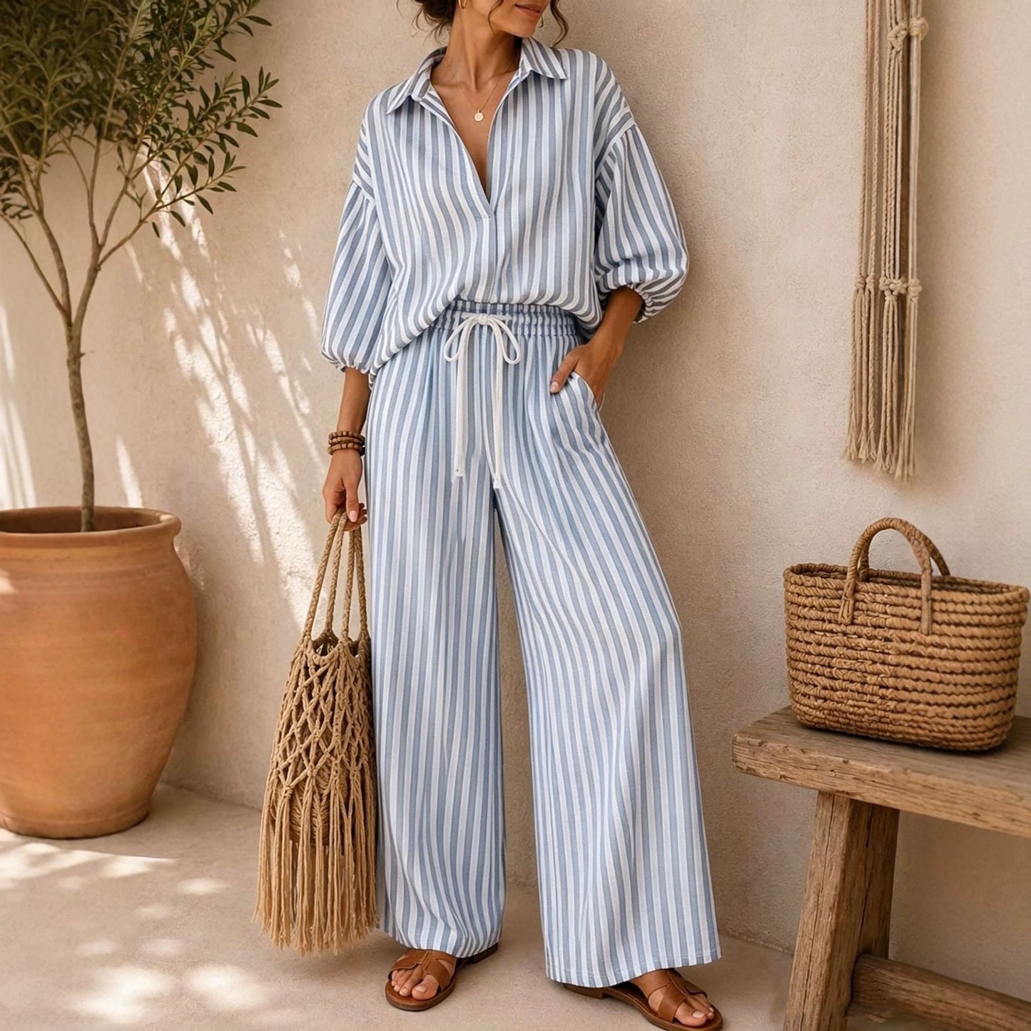 Women's Summer Striped Long-sleeved Loose Two-piece Fashion Casual Suit