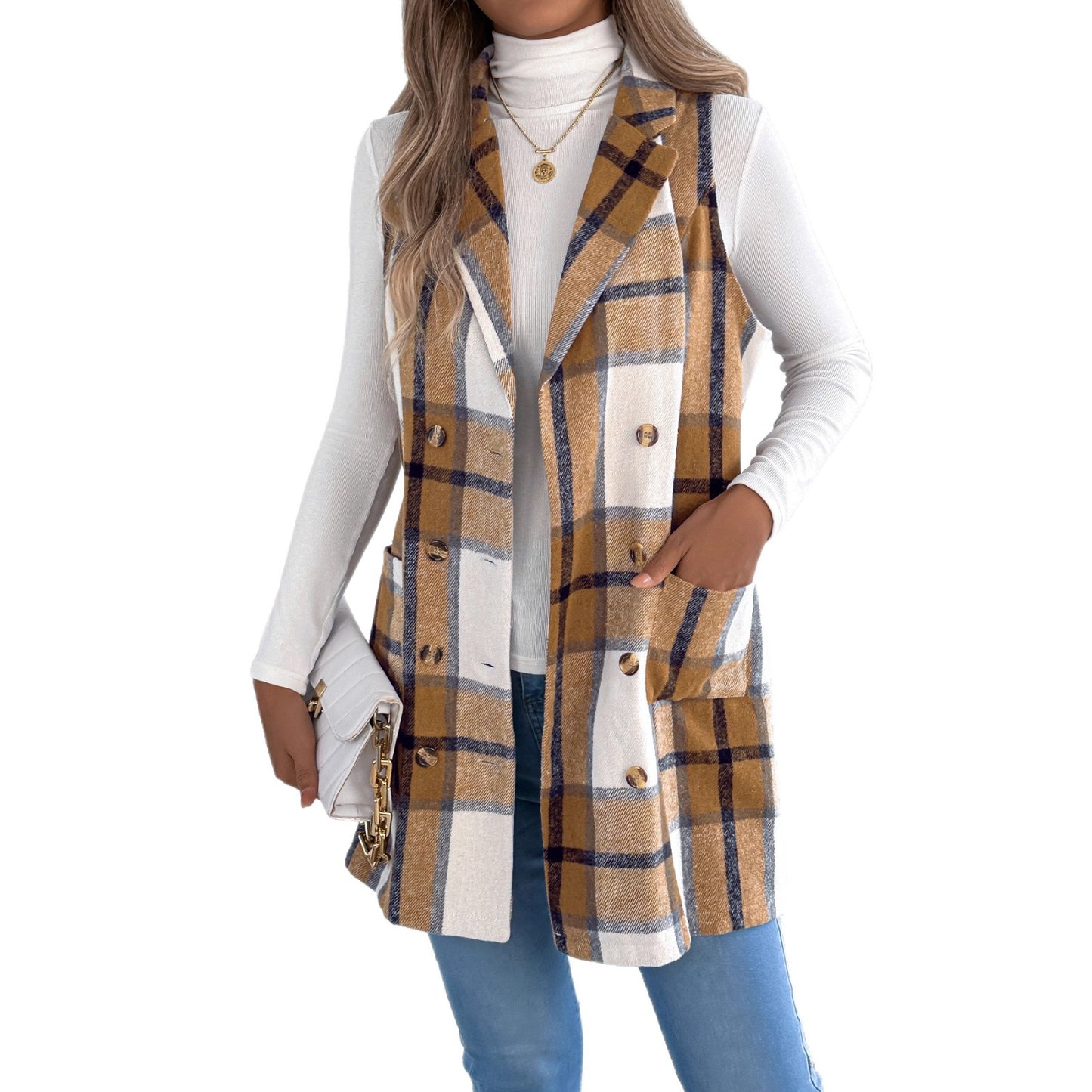 Women's Plaid Double Breasted Pocket Woolen Long Vests
