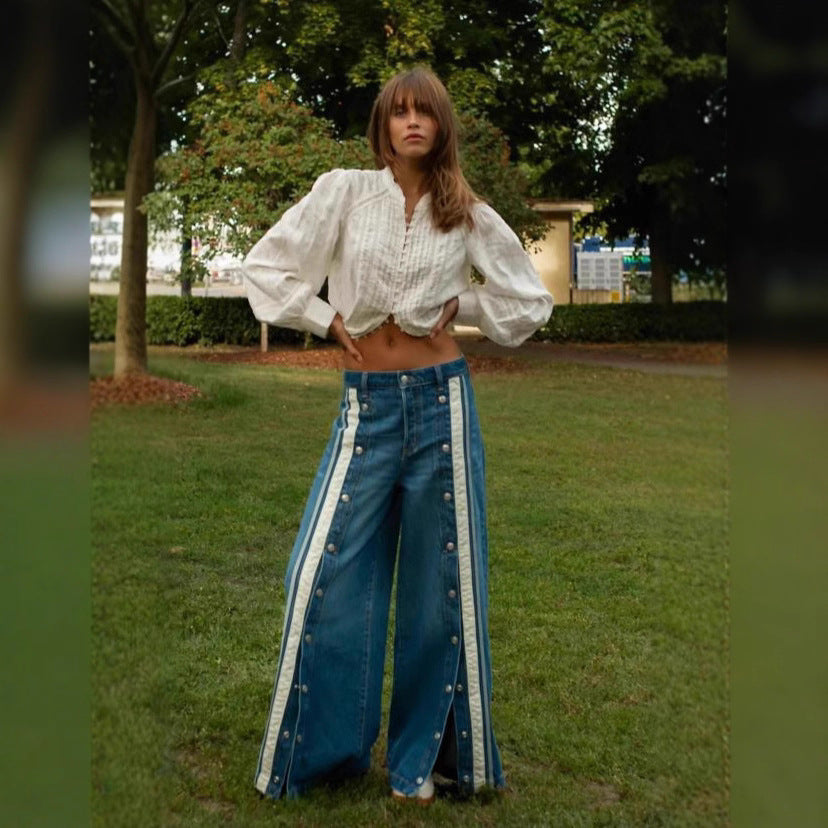 Fashion Retro Characteristic Row Split Color Matching Wide Leg Mopping Women's Jeans