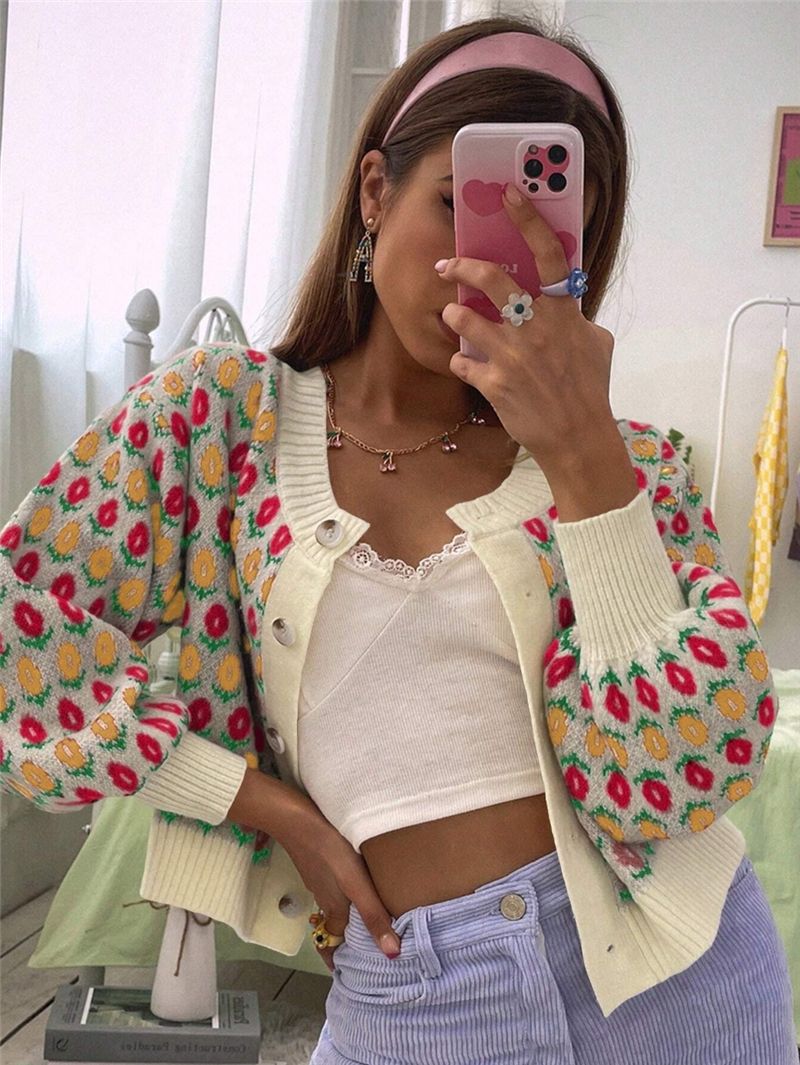 Pretty Attractive Casual Knitted Button Floral Sweaters