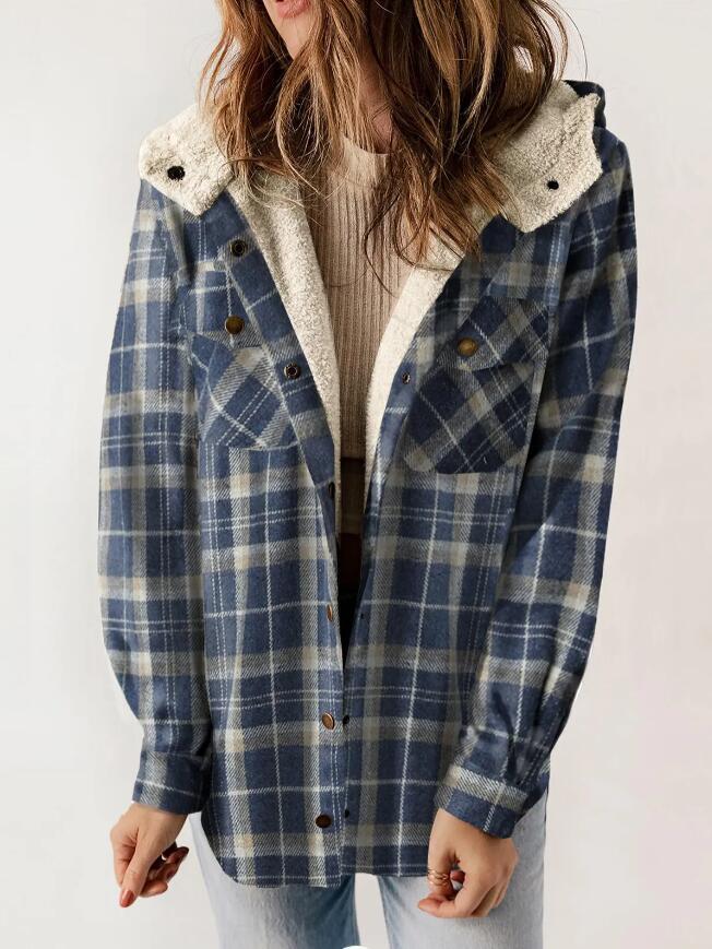 Women's Plaid Casual Long-sleeved Furry Hooded With Coats