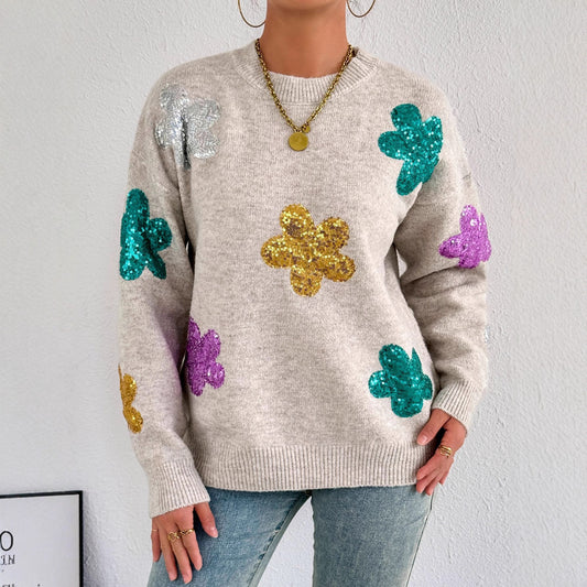 Flower Sequined Embroidered Knitted Pullover Round Sweaters