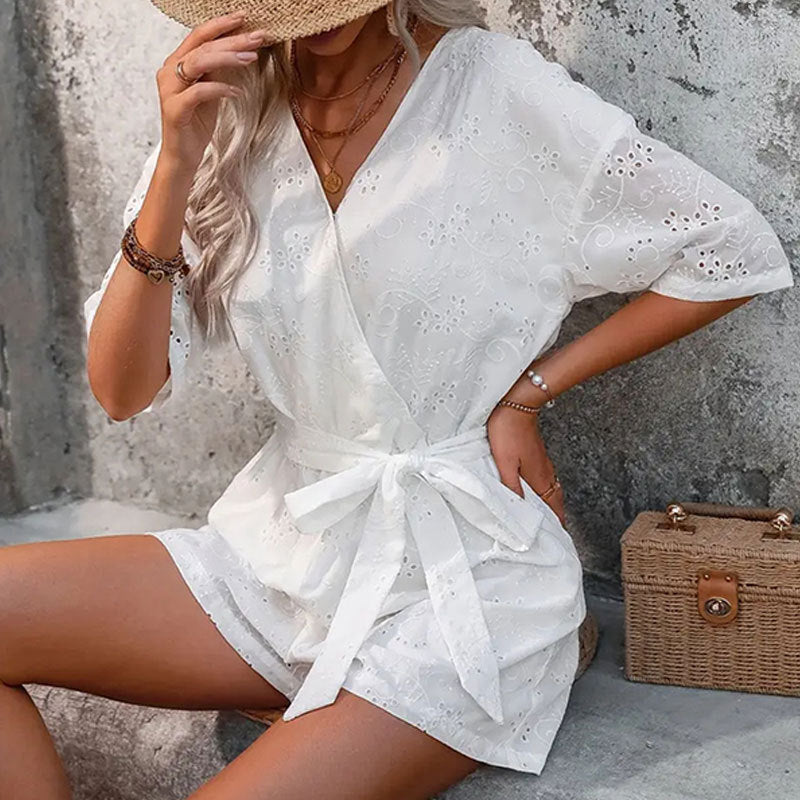 Women's Hollow Embroidered Waist Cotton Solid Color Jumpsuits