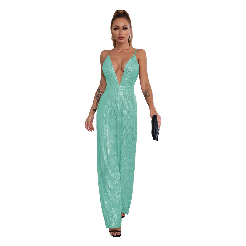 Women's Sequined Sleeveless Hot Deep Backless Sling Jumpsuits