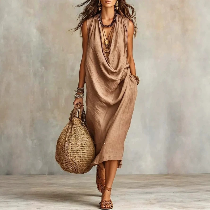 Women's Casual Sleeve Loose Swing Collar Cotton Linen Dress