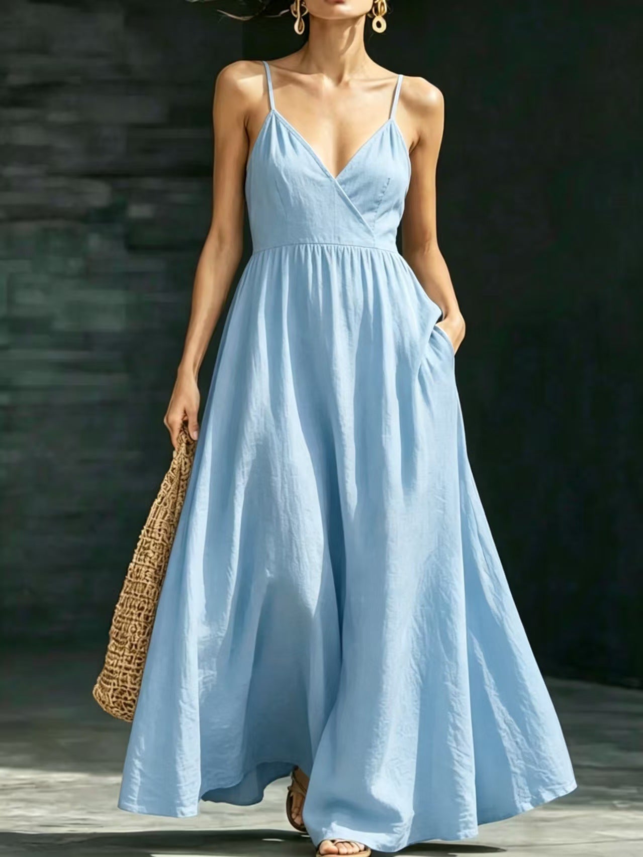 Women's Summer Backless Strap Pocket Elegant Long Dress