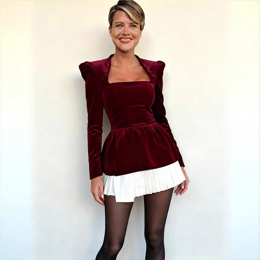 Women's Square Collar Advanced Veet Pleated Cool Long Sleeve Dresses