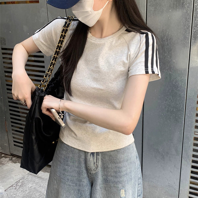 Women's Striped Shoulder Short-sleeved Small Slimming Bottoming Tops