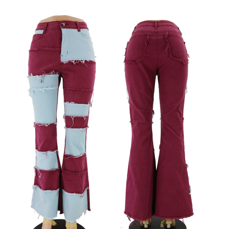 Women's Color Contrast Patchwork High Waist Tight Hip Horn Jeans