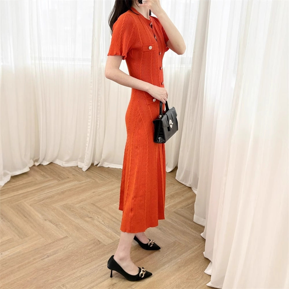 Button Jacquard Twist Slim Round Neck Dresses